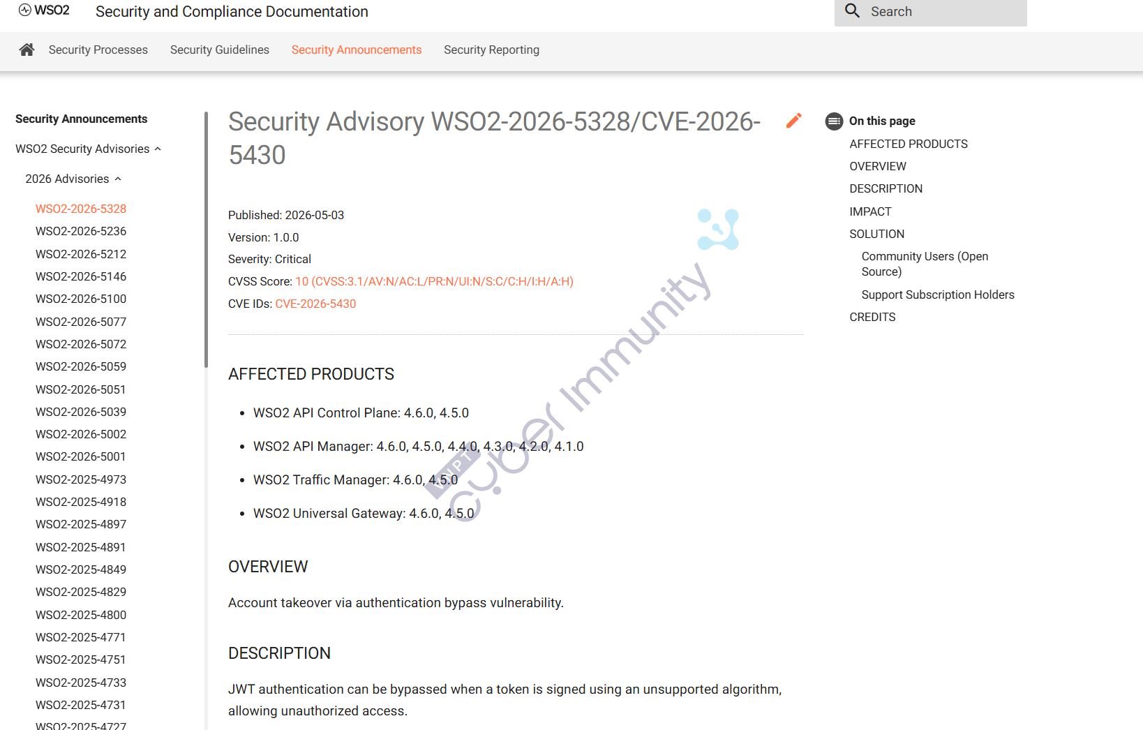 CVE-2026-5430 — WSO2 API Manager JWT Authentication Bypass via Unsupported Algorithm